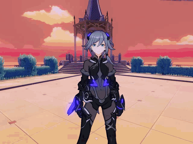 a girl in a futuristic outfit stands in front of a gazebo