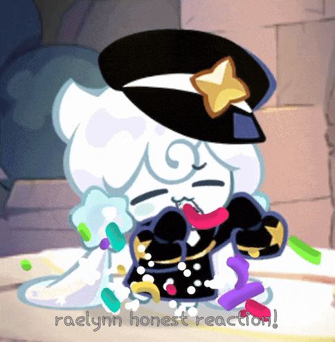 a cartoon character with the words raelynn honest reaction written below it