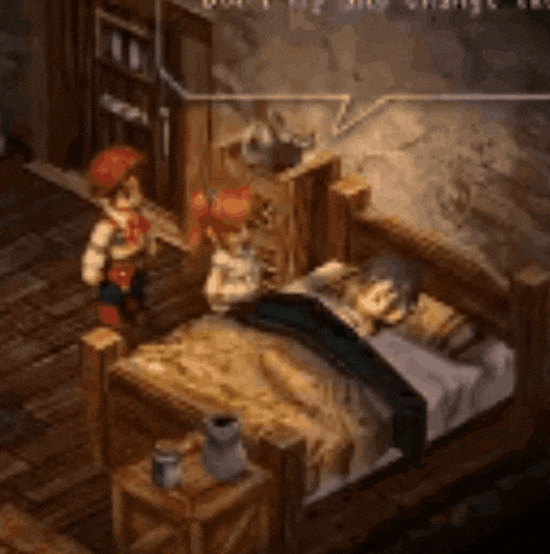 a cartoon character is standing next to a sleeping person in a bed in a video game .