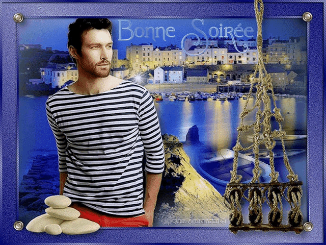 a man in a striped shirt is standing in front of a harbor with the words bonne soiree on the bottom
