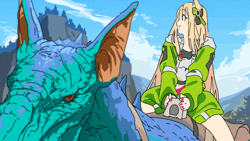 a drawing of a girl sitting on a rock next to a dragon