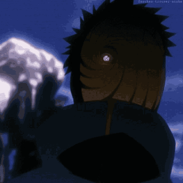 a close up of a person 's face with the words sasuke trousers snake on the bottom