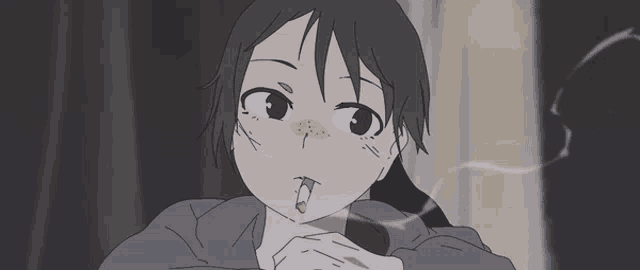 a girl is smoking a cigarette with smoke coming out of her mouth .