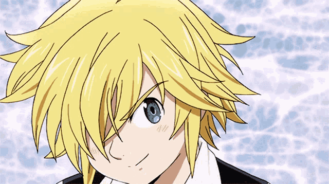 a close up of a cartoon character with yellow hair and a tattoo on his forehead