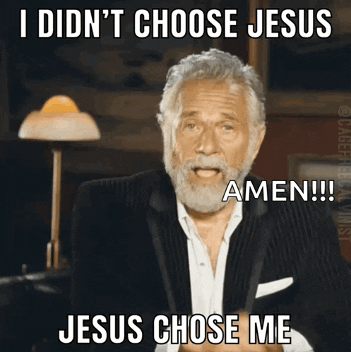 a man with a beard is pointing at the camera with the caption i didn 't choose jesus amen jesus chose me