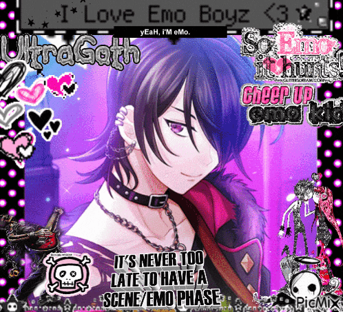 a picture of a boy with the words " i love emo boyz "