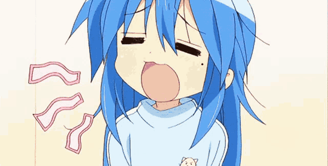 a cartoon girl with blue hair and a cat on her shirt
