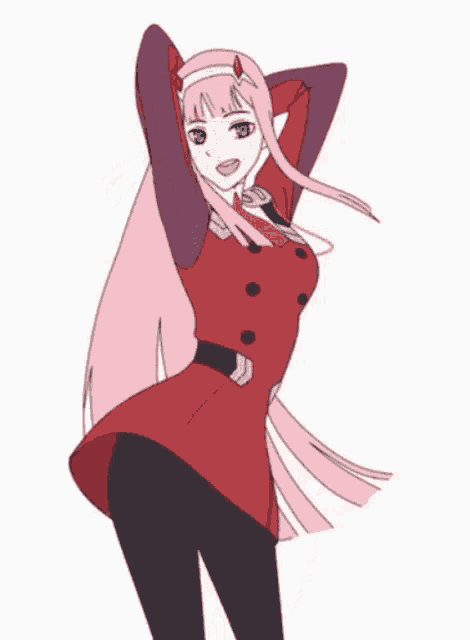 a girl with pink hair and green eyes is wearing a red dress and black tights