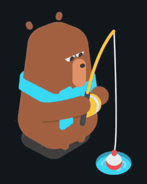 a cartoon bear is holding a fishing rod over a hole in the water