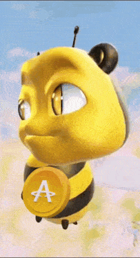 a cartoon bee is holding a gold coin with the letter a on it