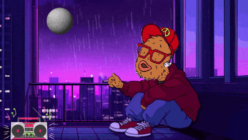 a cartoon character is sitting on a balcony with a boombox in the background