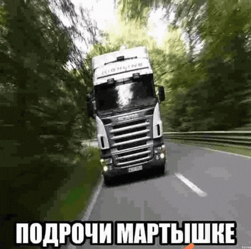 a truck is driving down a road with trees in the background and a caption in russian .