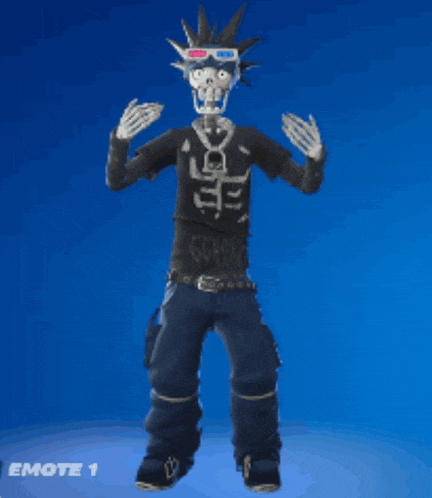 a skeleton wearing 3d glasses and a mohawk is dancing in a video game