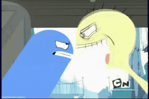 two cartoon characters standing next to each other with cn cartoon network written on the bottom right