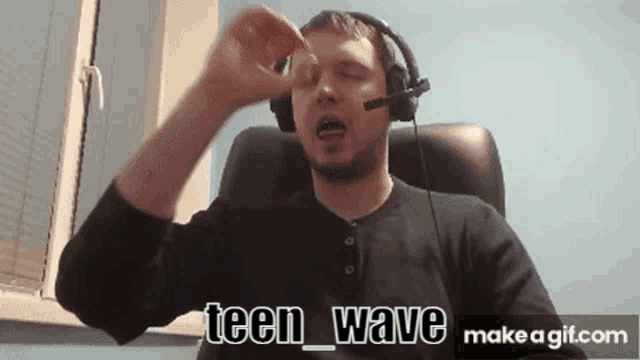 a man wearing headphones says teen wave on make a gif