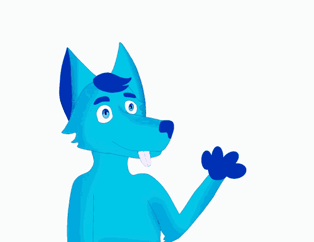 a blue furry animal with its tongue hanging out is waving