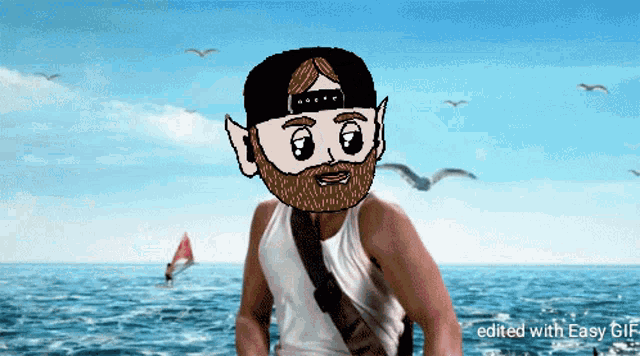 a cartoon of a man with a beard and hat standing in the ocean