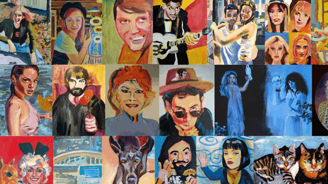 a collage of paintings shows a man playing a guitar and a woman dancing