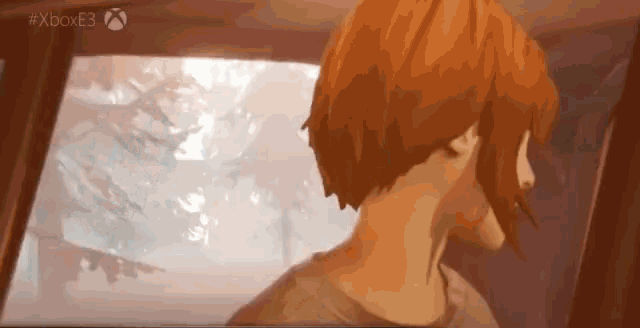 a video game character is looking out a window with the xbox e3 logo on the bottom right