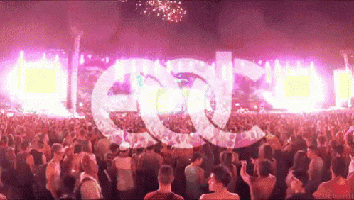 a crowd of people at a concert with a large edc logo in the foreground