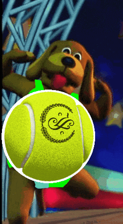 a cartoon dog is holding a tennis ball with the letter lc on it