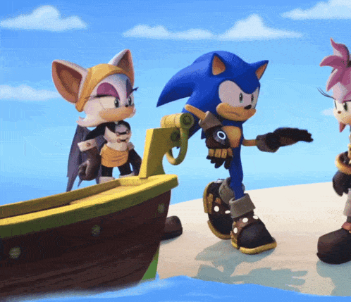 sonic the hedgehog and rouge the bat are standing on a beach near a boat