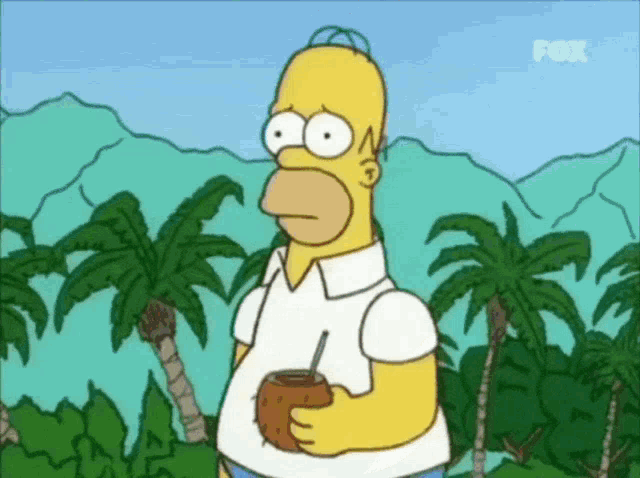 homer simpson holding a coconut with a straw in front of palm trees