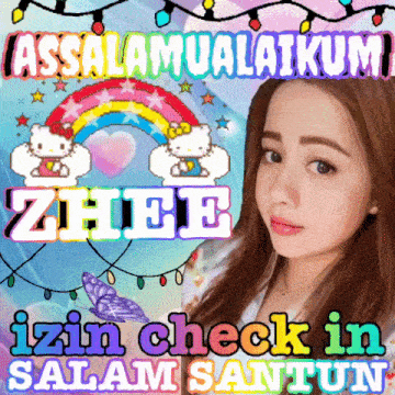 a girl with a hello kitty and a rainbow behind her says " assalamualaikum "