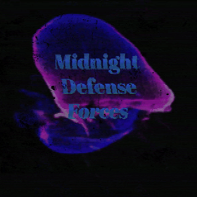 a purple and blue sign that says midnight defense forces on it