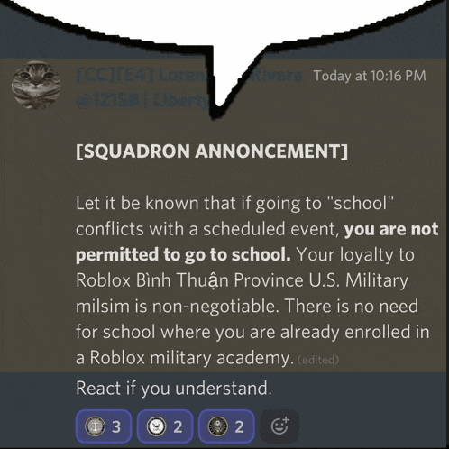 a screenshot of a squadron announcement on a discord server