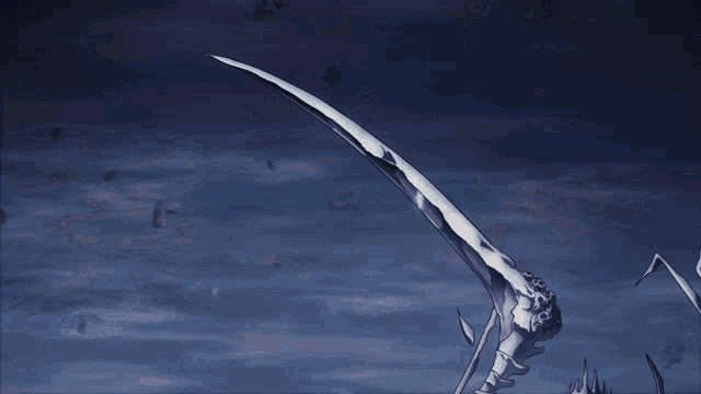 a skeleton is holding a scythe in a dark sky