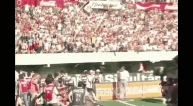 a blurred image of a soccer game with a banner that says budweiser on it