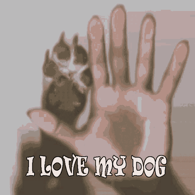 a hand with a paw print and the words i love my dog written below it