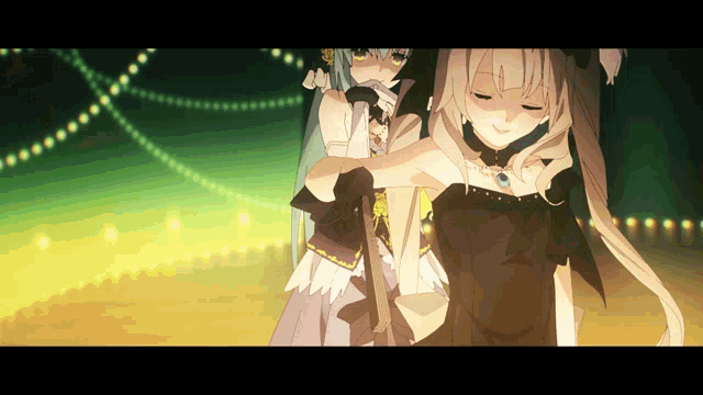 a couple of anime girls are standing next to each other on a stage