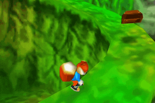 a cartoon fox is walking on a green hill with a treasure chest in the background