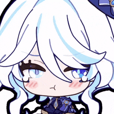 a close up of a drawing of a girl with white hair and blue eyes