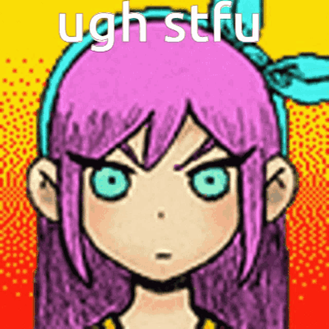 a drawing of a girl with purple hair and blue eyes with the words ugh stfu written above her