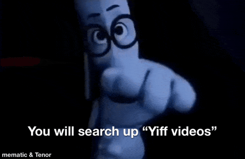a cartoon character wearing glasses is pointing at the camera .