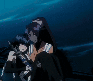 a woman carrying another woman in her arms with a sword