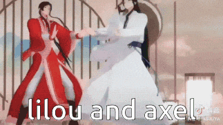 a couple of people standing next to each other with the words " lilou and axel " written on the bottom