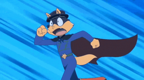 a cartoon character is wearing a cape and a hat and running .