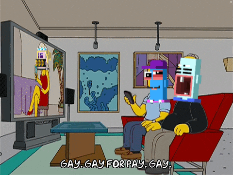 two cartoon characters are sitting on a couch and one of them is saying gay gay for pay gay