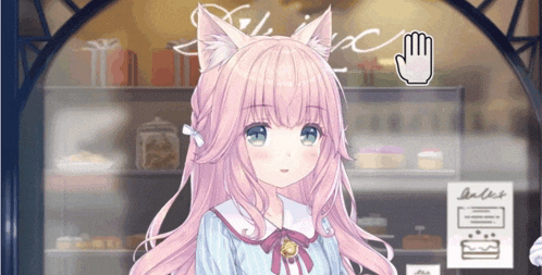 a girl with pink hair and cat ears stands in front of a bakery