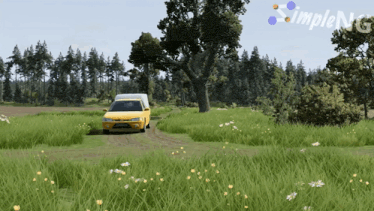 a yellow car is driving down a dirt road in a field with trees in the background and simplenet written in the corner