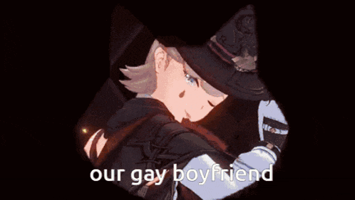 a picture of a girl with a hat and the words " our gay boyfriend " on the bottom