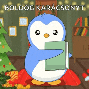 a penguin is holding a book in a room with a christmas tree .