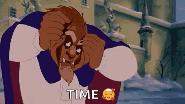 a cartoon character from beauty and the beast is covering his eyes with his hands and the word time is written above him .