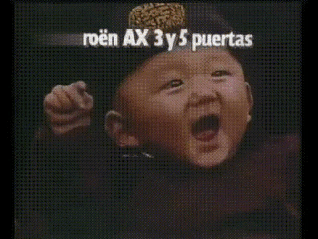 a baby making a peace sign with the words roen ax 3 y 5 puertas in the background