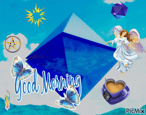 a good morning greeting card with butterflies and a pyramid