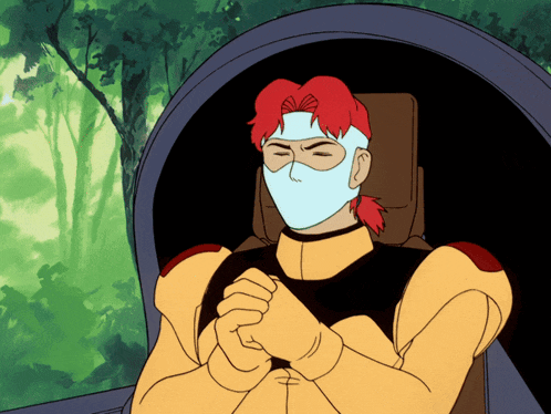 a cartoon character with red hair and a blue mask